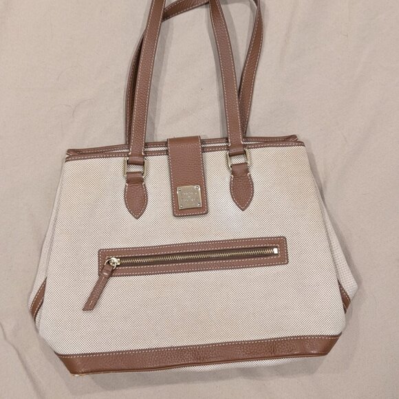 Dooney & Bourke 1975 Donegal Canvas Tote Leather Trimmed Ivory Brown Trim - Picture 8 of 8